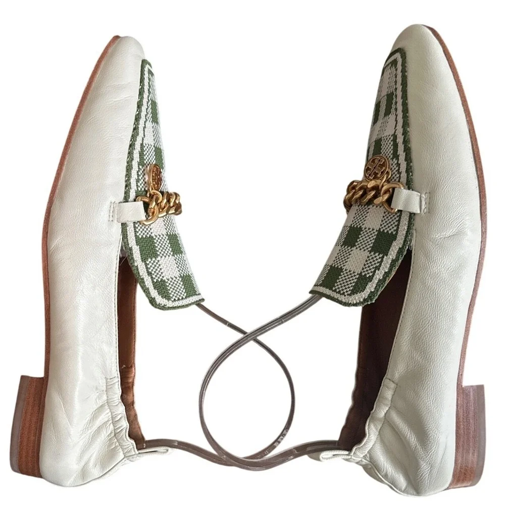 Tory Burch Mini Benton Gingham Chain Charm Loafers Ivory Green Size 8